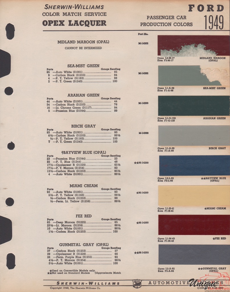 1949 Ford Paint Charts Sherwin-Williams
